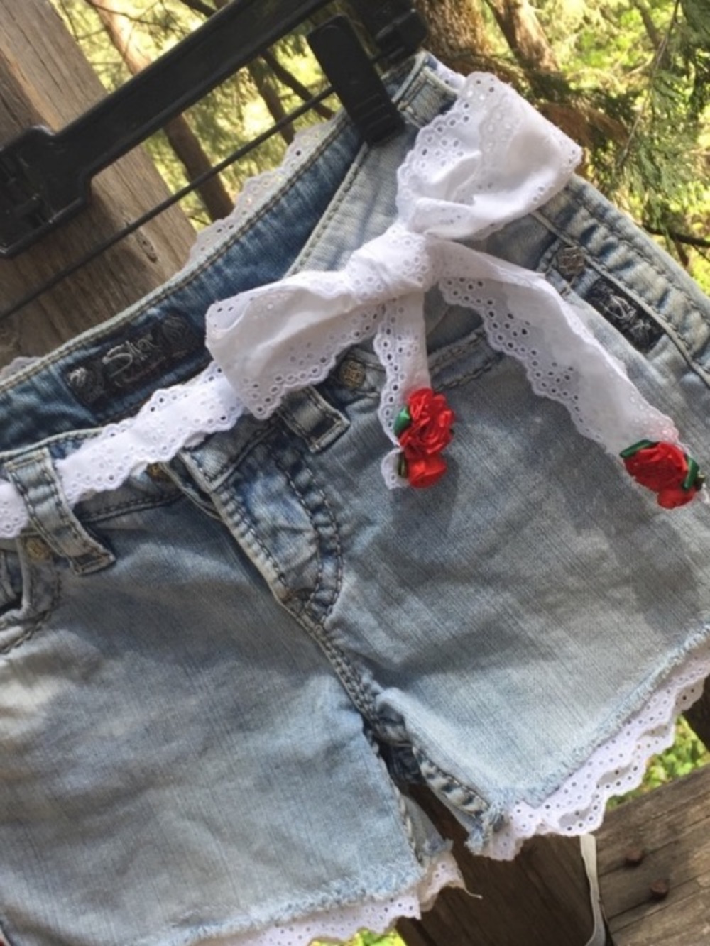 Hand Crafted Light Blue Denim Jean Shorts with White Lace & Red Rose Accents - Picture 9 of 11